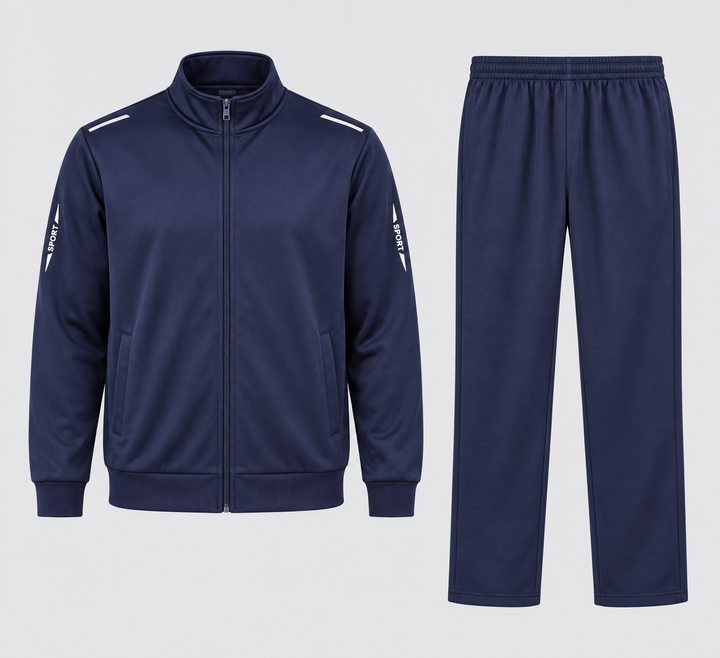 Ensemble veste zippée et pantalon bleu marine, vue de face