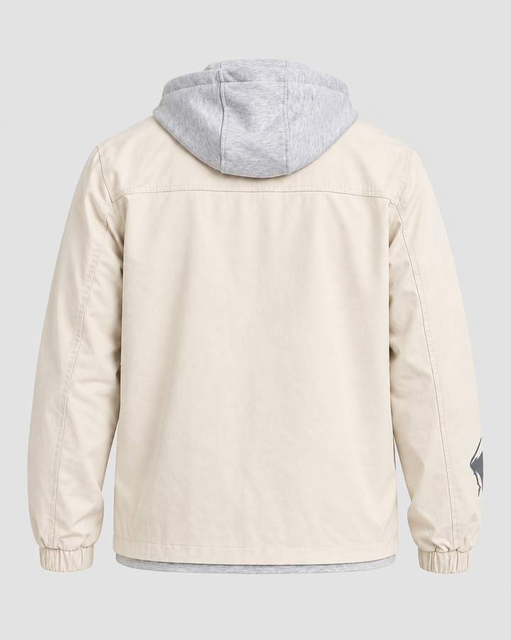 Veste beige à capuche grise, pièce isolée vue de dos