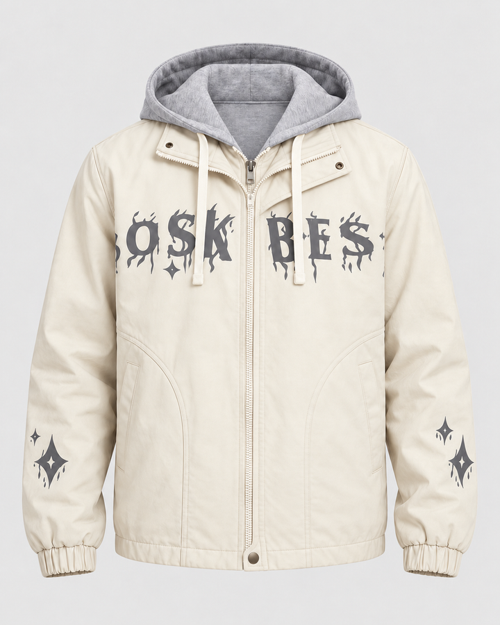 Veste beige à capuche grise, pièce isolée vue de face
