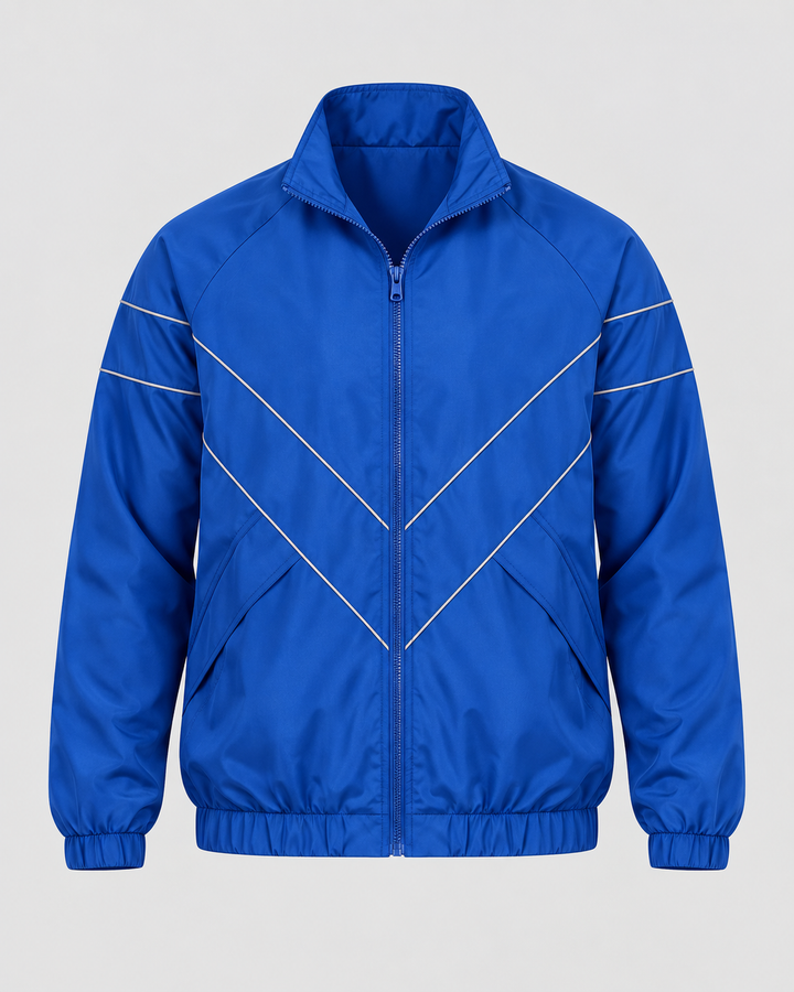 Veste bleue zippée à chevrons fins, vue de face