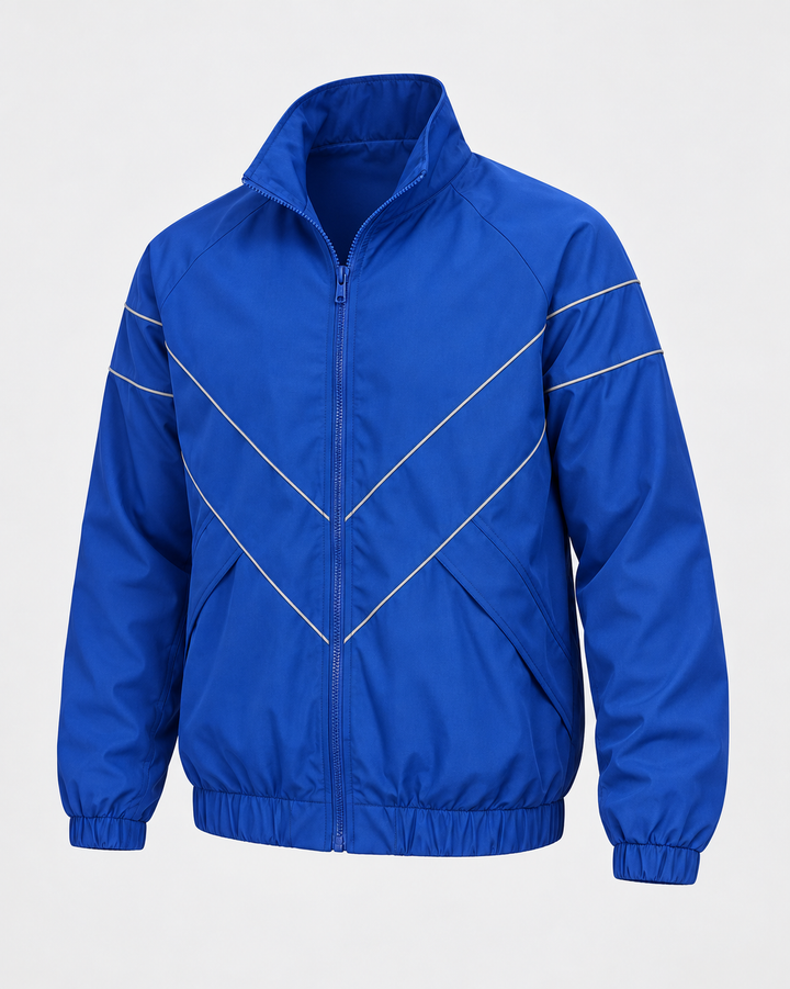 Veste bleue zippée à chevrons fins, vue trois quarts