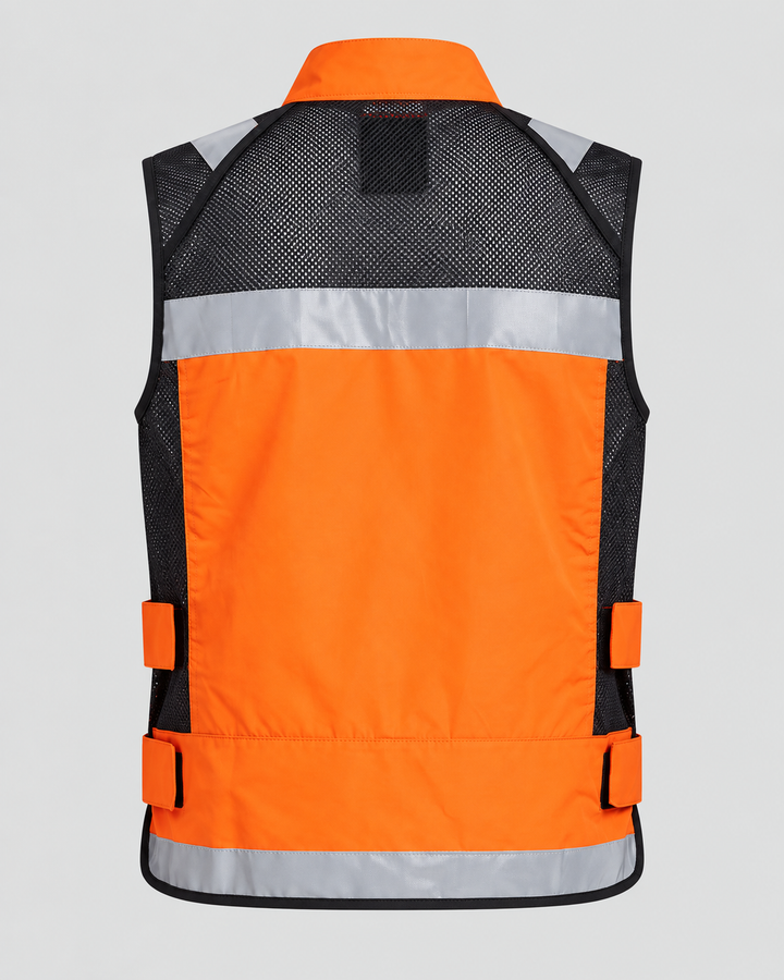 Gilet orange à bandes réfléchissantes, vue isolée de dos