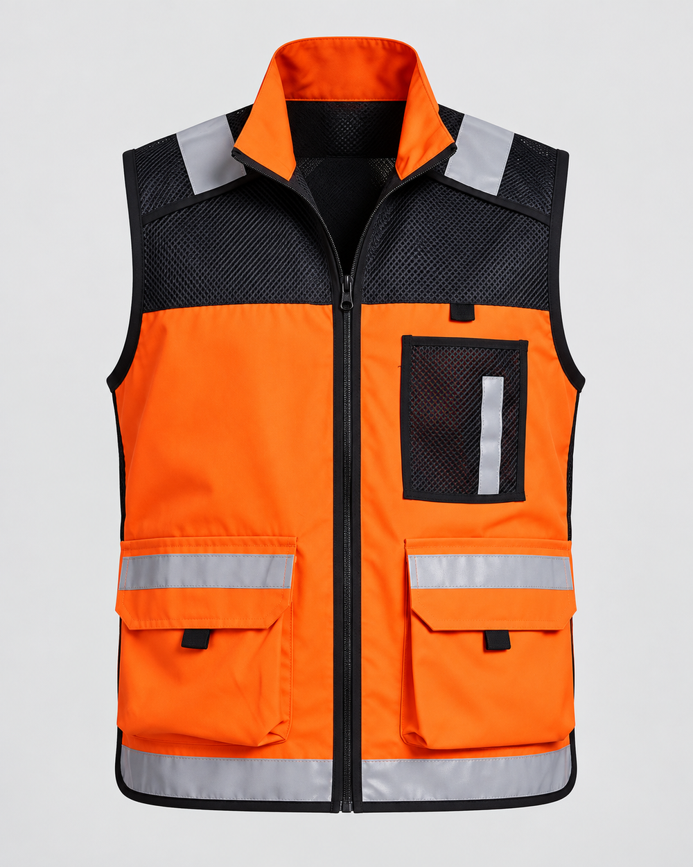 Gilet orange à bandes réfléchissantes, vue isolée de face