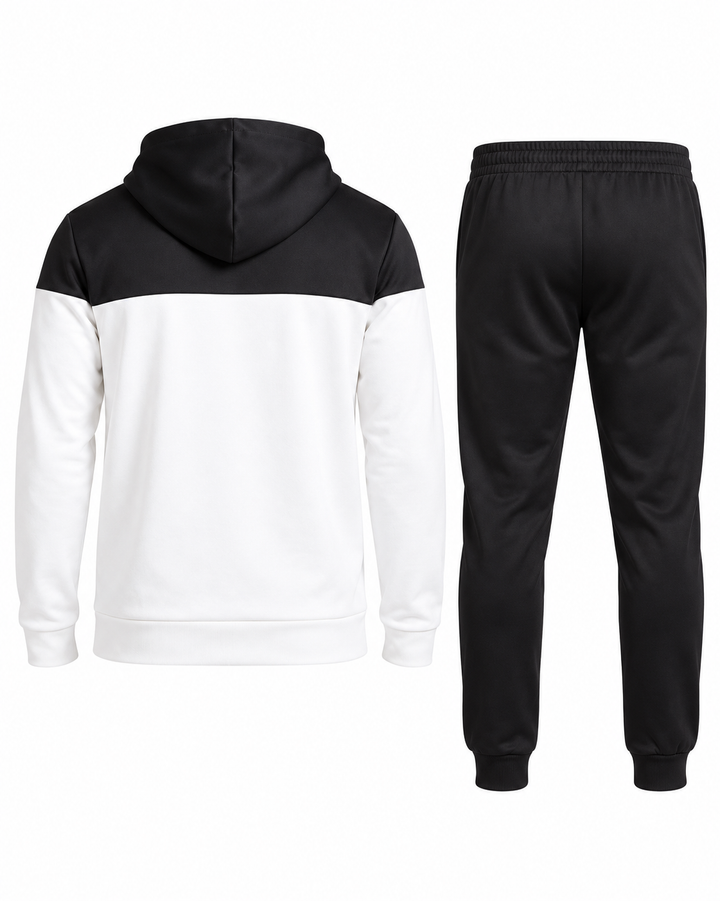 Ensemble sweat blanc et noir et jogging noir, pièces isolées vues de dos