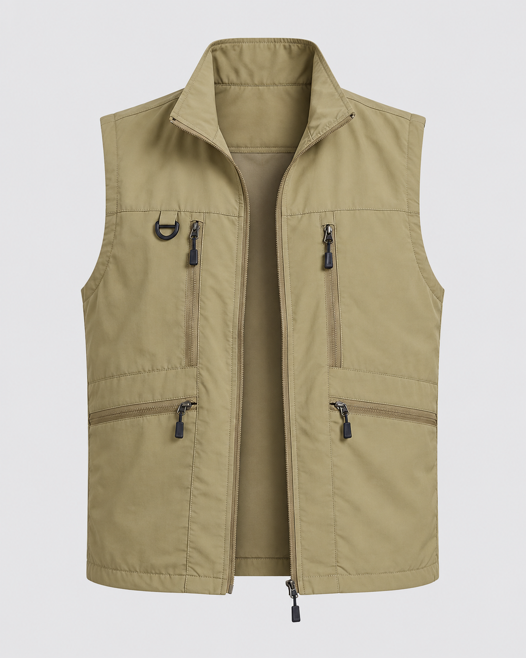 Gilet kaki sans manches à quatre poches zippées, vue de face