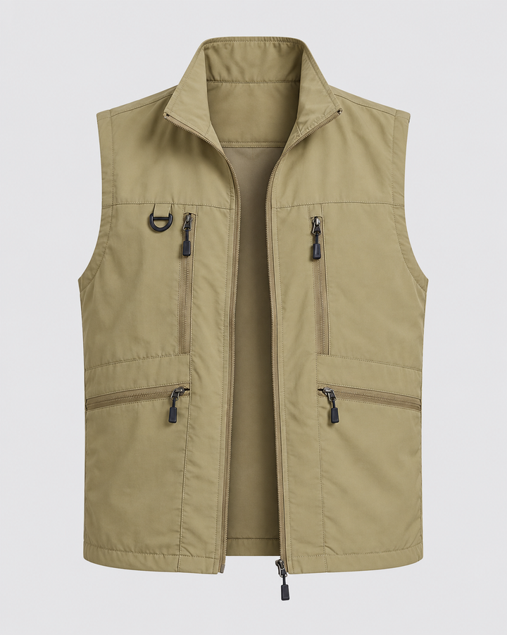 Gilet kaki sans manches à quatre poches zippées, vue de face
