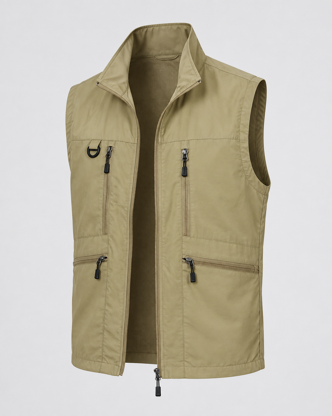 Gilet kaki sans manches à quatre poches zippées, vue trois quarts