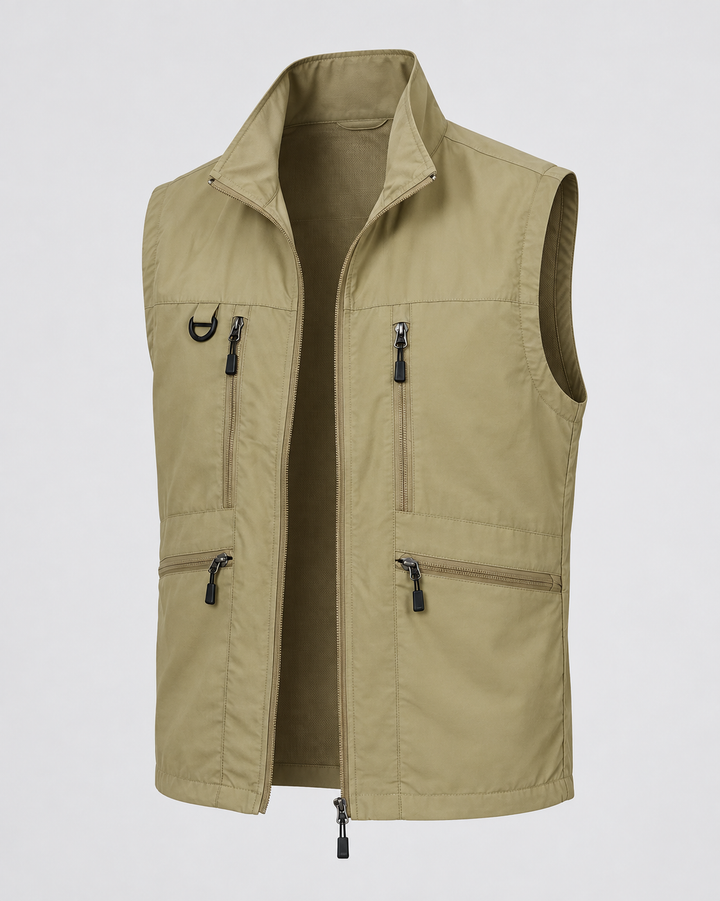 Gilet kaki sans manches à quatre poches zippées, vue trois quarts