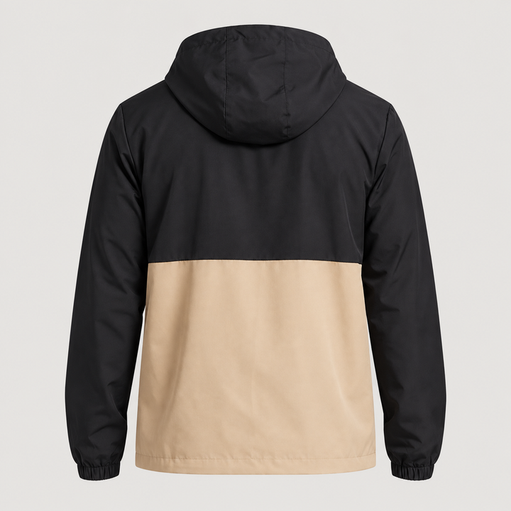 Veste noire et beige à capuche, pièce isolée vue de dos