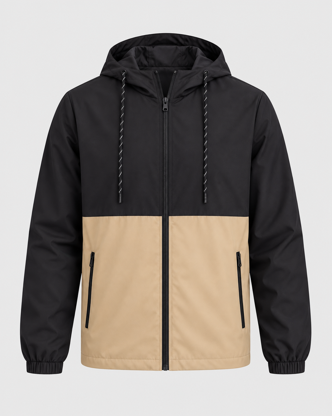 Veste noire et beige à capuche, pièce isolée vue de face