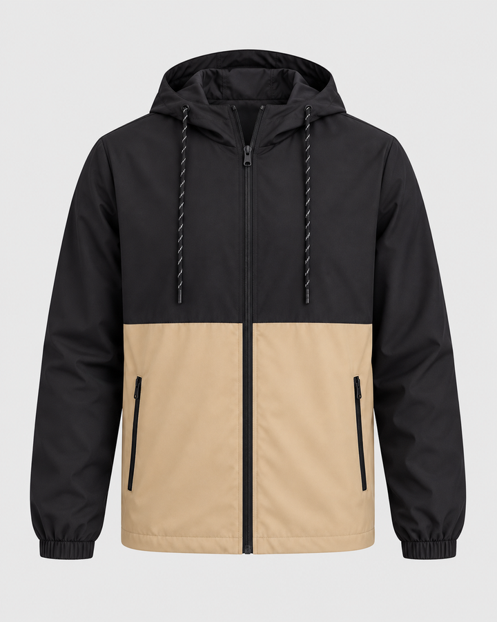 Veste noire et beige à capuche, pièce isolée vue de face