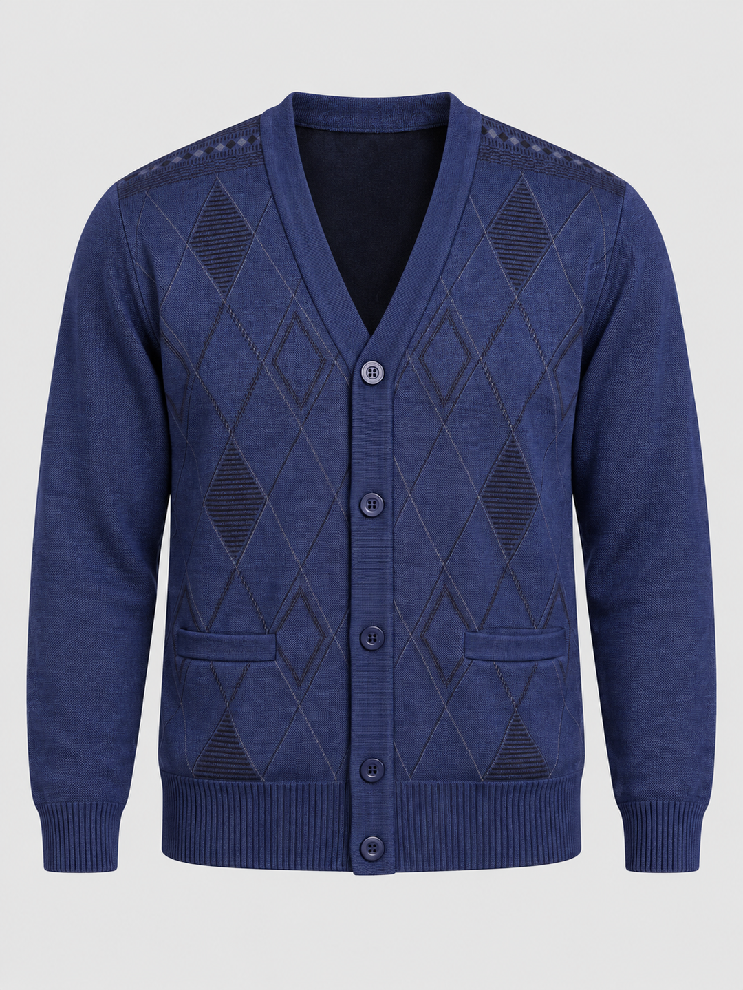 Cardigan bleu foncé boutonné à losanges, pièce isolée vue de face
