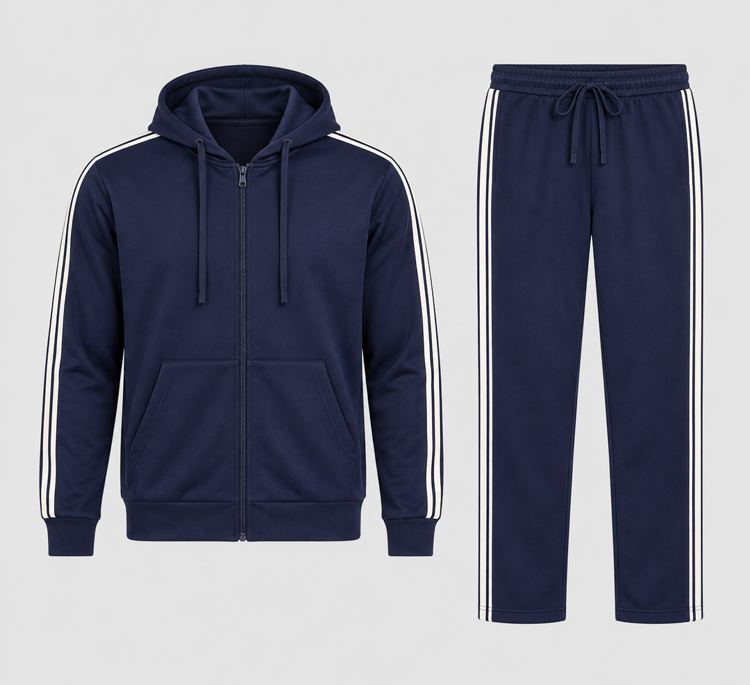 Ensemble bleu marine sweat zippé à capuche et pantalon, vue de face