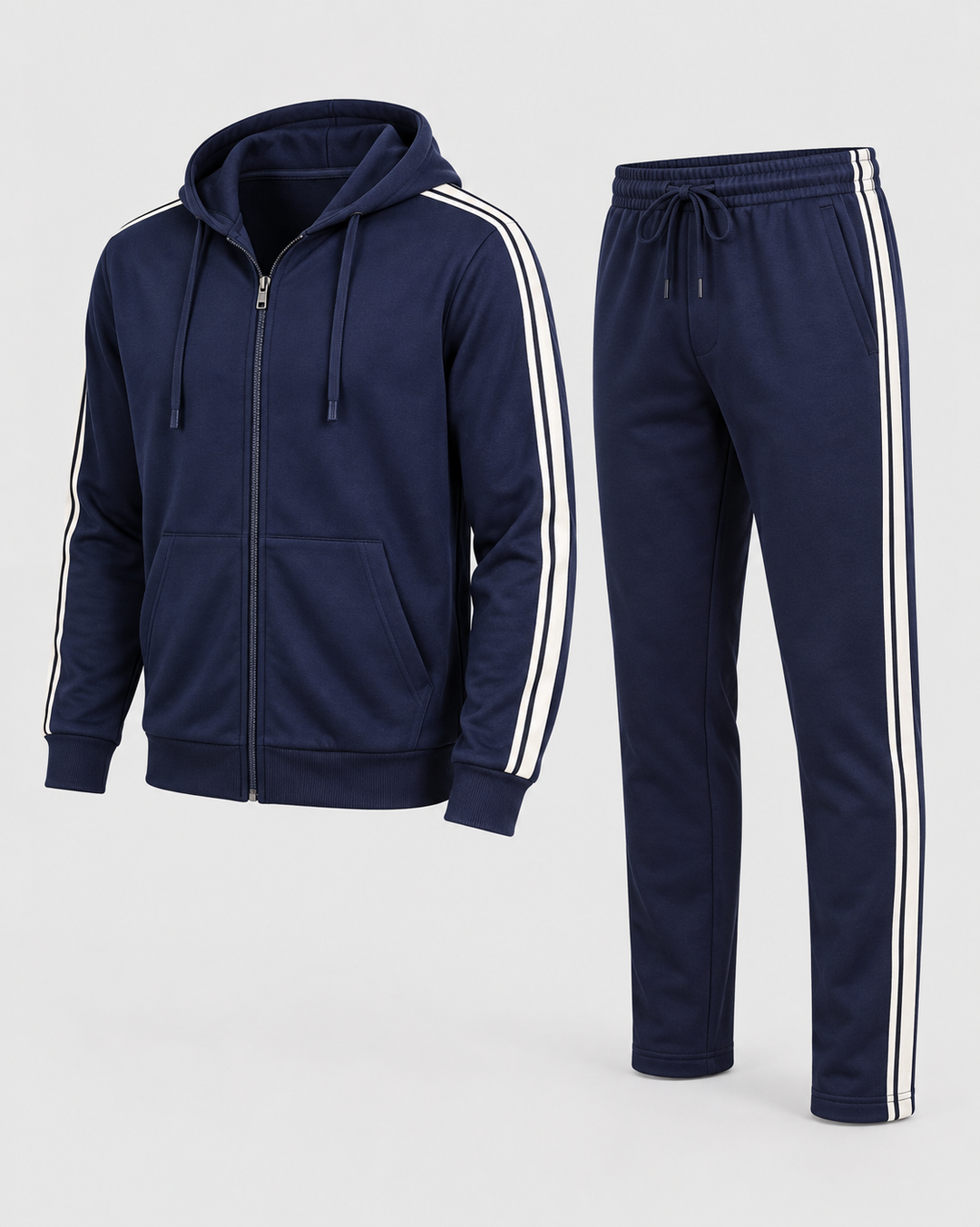 Ensemble bleu marine sweat zippé à capuche et pantalon, vue trois quarts