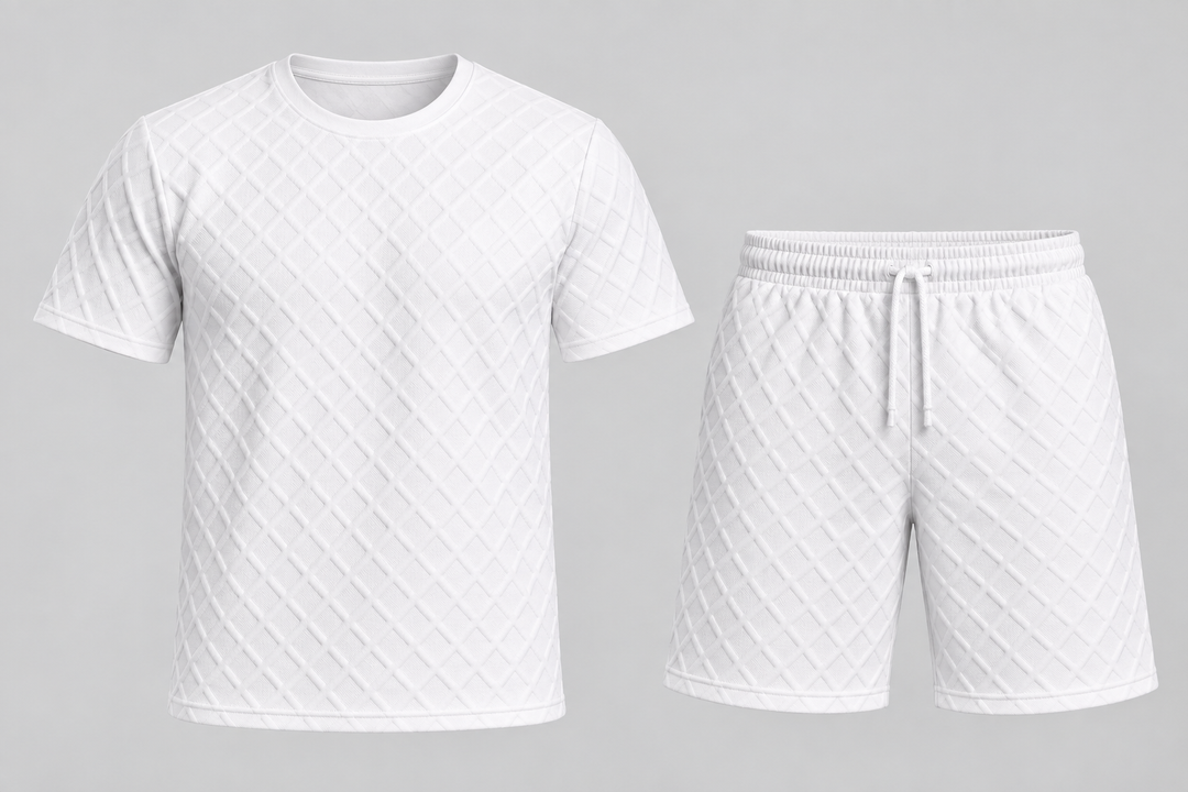 Ensemble blanc t-shirt et short à motif de losanges, pièce isolée vue de face
