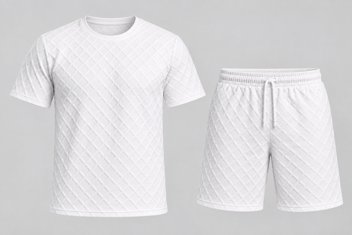 Ensemble blanc t-shirt et short à motif de losanges, pièce isolée vue de face