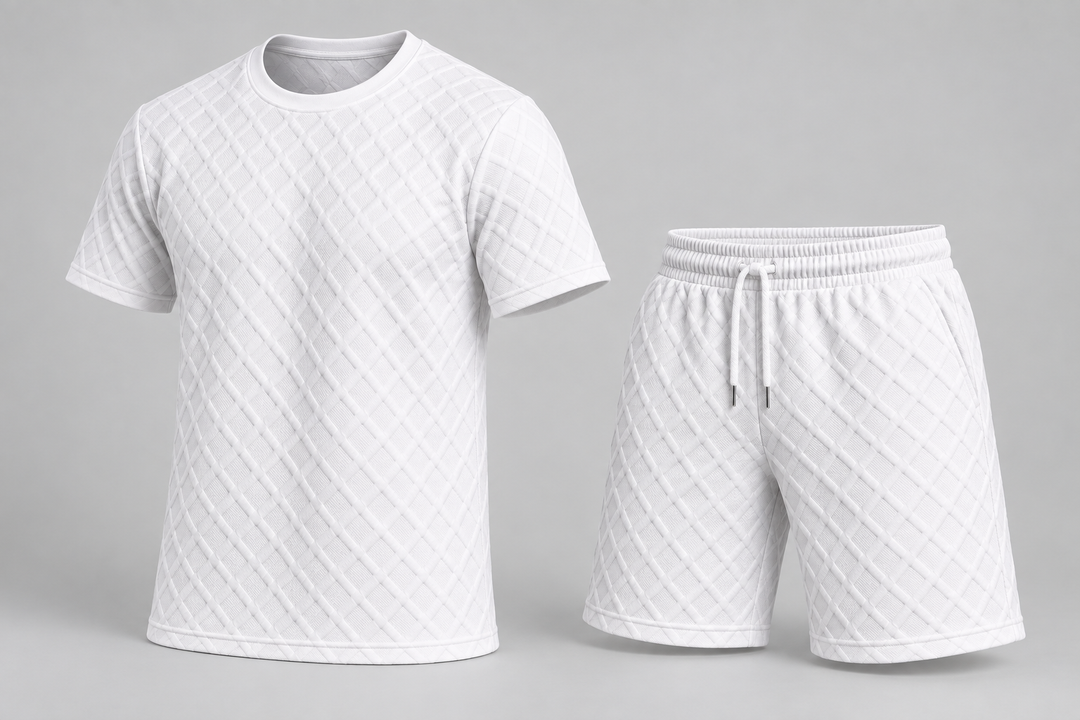 Ensemble blanc t-shirt et short à motif de losanges, pièce isolée vue trois quarts