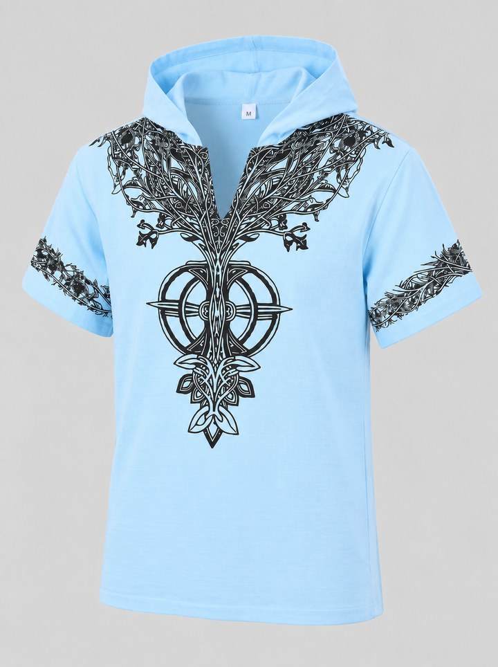 T-shirt bleu clair à capuche et col V, pièce isolée vue de trois quarts