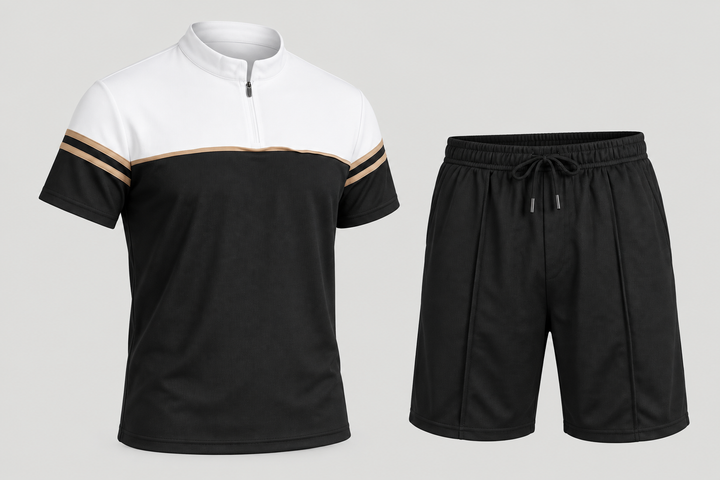 Ensemble noir t-shirt demi-zip et short, pièce isolée vue três quartos