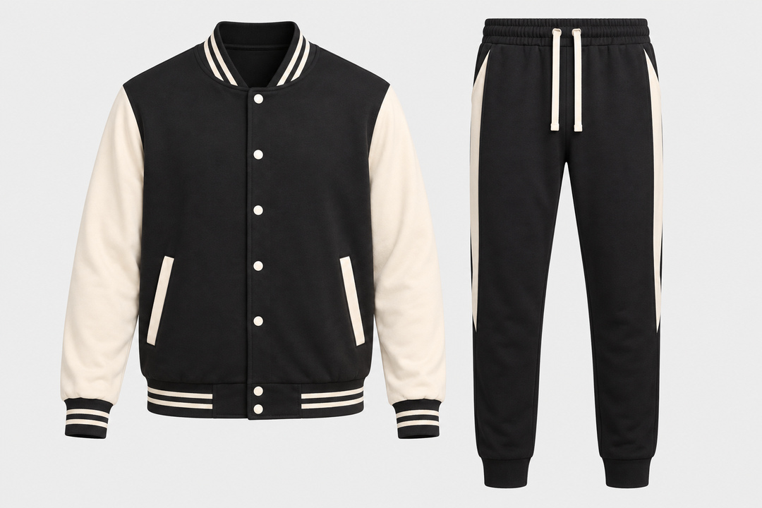 Ensemble blouson noir à manches écrues et pantalon, pièce isolée vue de face