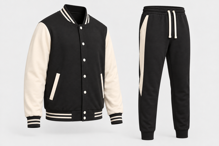 Ensemble blouson noir à manches écrues et pantalon, pièce isolée vue trois quarts
