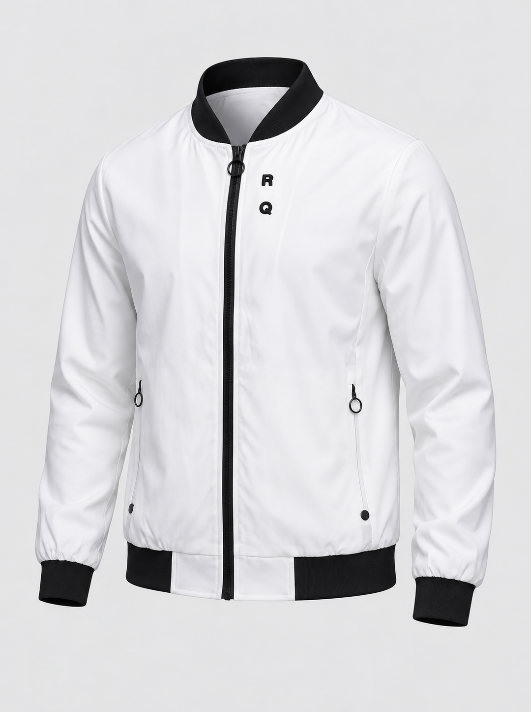 Blouson blanc à bords noirs, pièce isolée vue de trois quarts