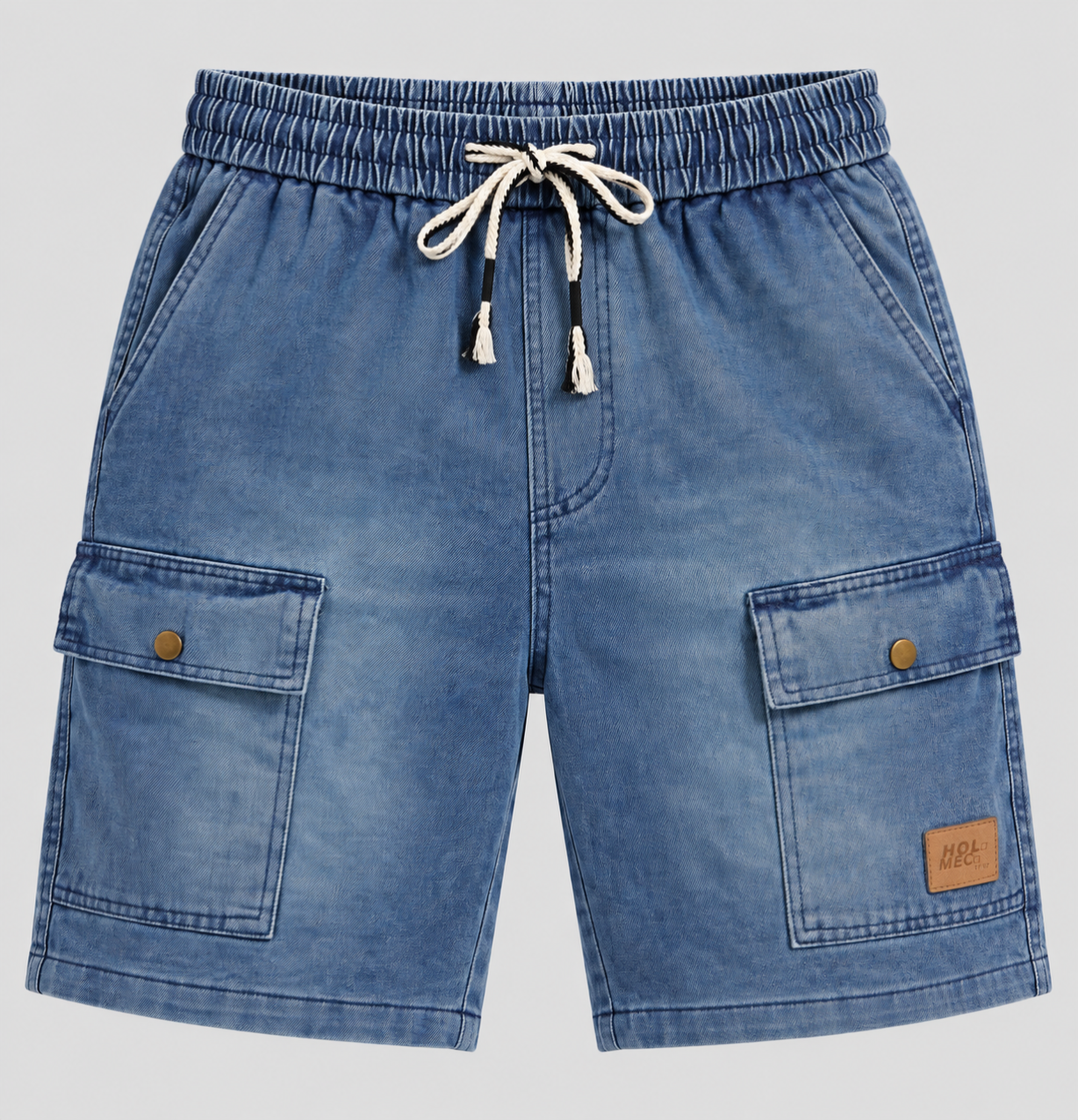 Short délavé utilitaire bleu, pièce isolée vue de face