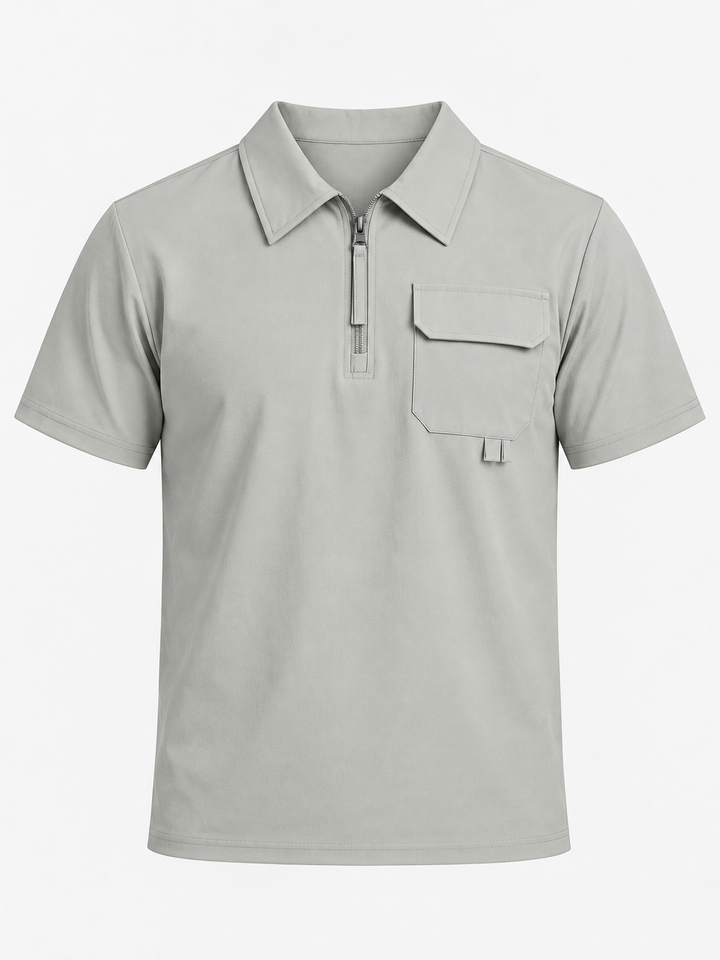 Polo demi-zippé gris clair, pièce isolée vue de face