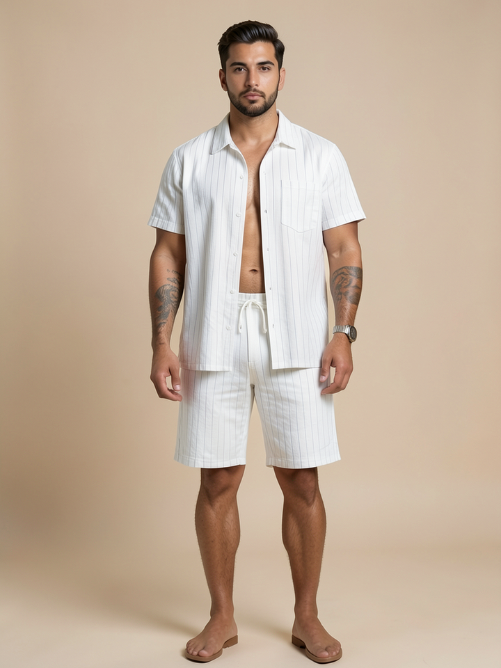 ensemble chemise rayée et short droit — vue de face. Soniel Paris.