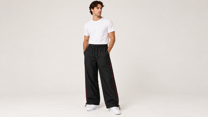Pantalon noir à bandes rouges porté par un modèle, vue de face trois quarts.