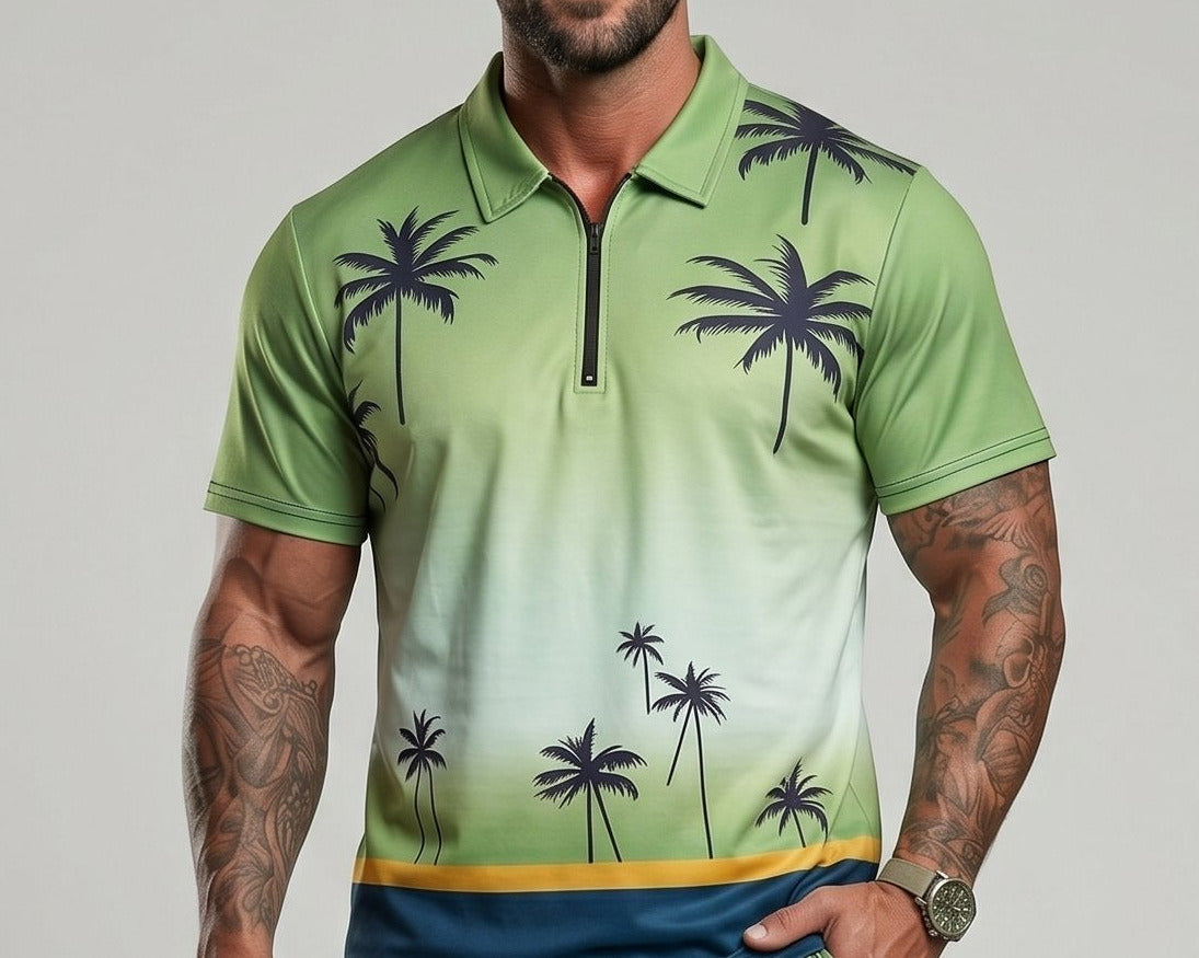 Ensemble polo short palmiers dégradé — gros plan du buste vert dégradé et col zippé