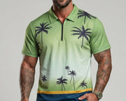 Ensemble polo short palmiers dégradé — gros plan du buste vert dégradé et col zippé