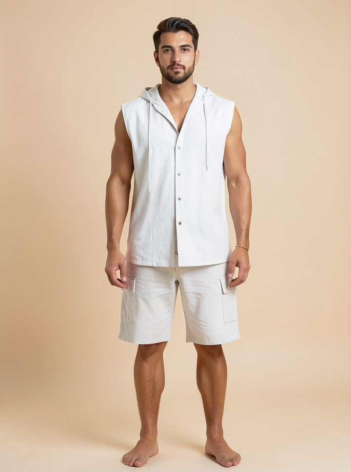 Ensemble sans manches et short cargo — vue de face. Soniel Paris.