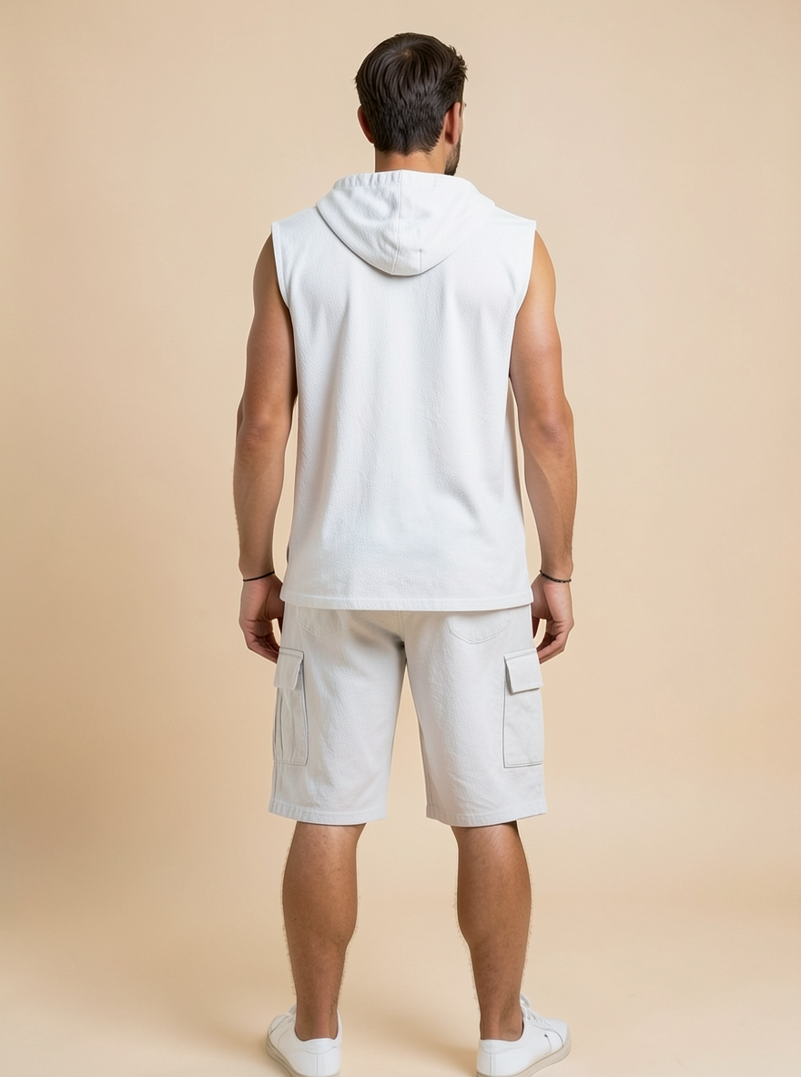 Ensemble sans manches et short cargo — vue de dos. Soniel Paris.