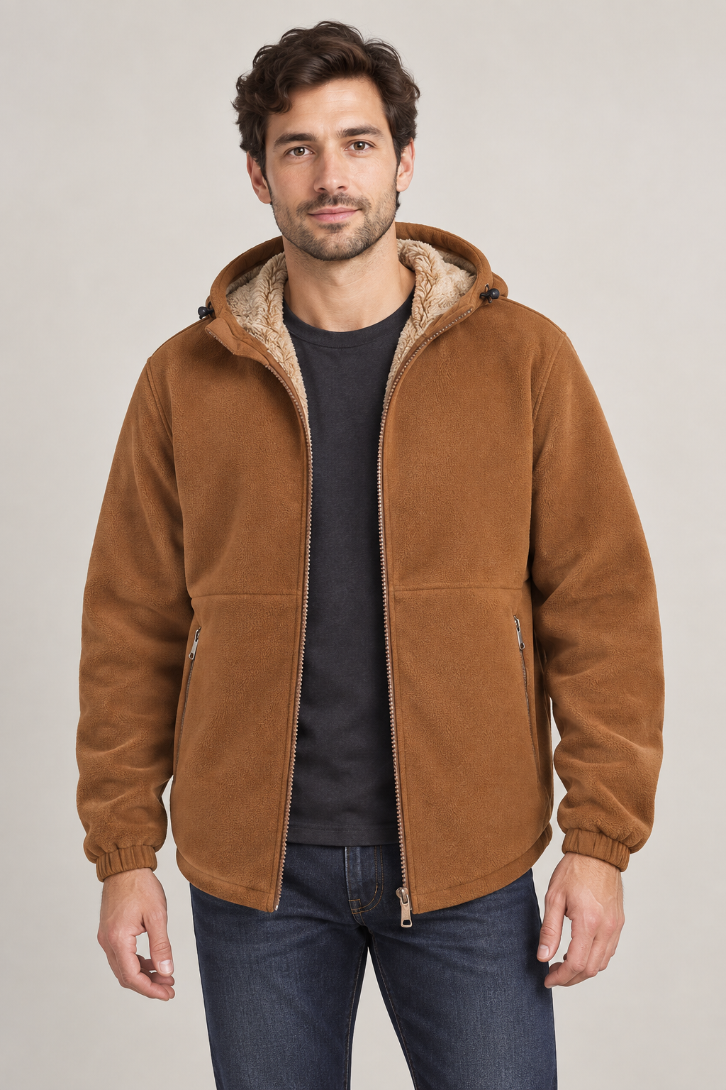 Homme portant une veste caramel à capuche, ouverte de face, avec doublure beige et poches zippées.