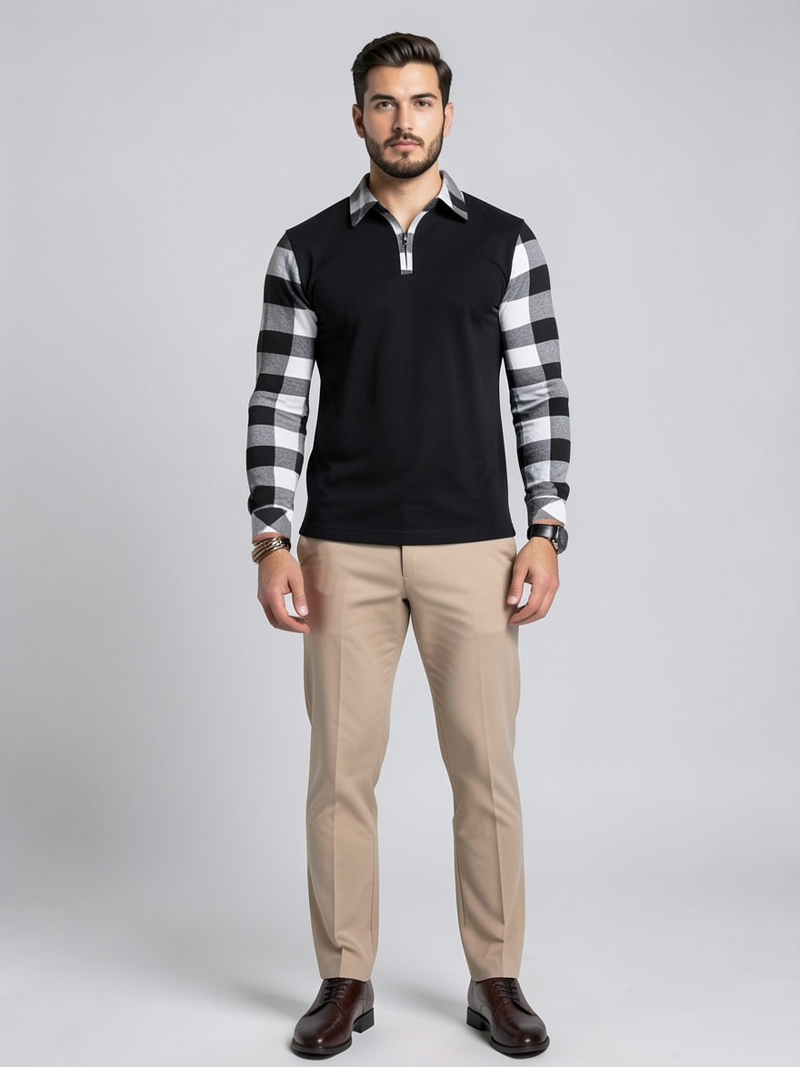 Polo demi-zip motif carreaux — vue de face. Soniel Paris.