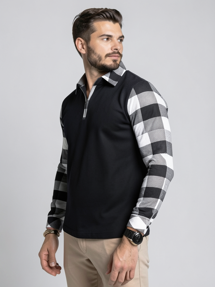 Polo demi-zip motif carreaux — vue de profil. Soniel Paris.