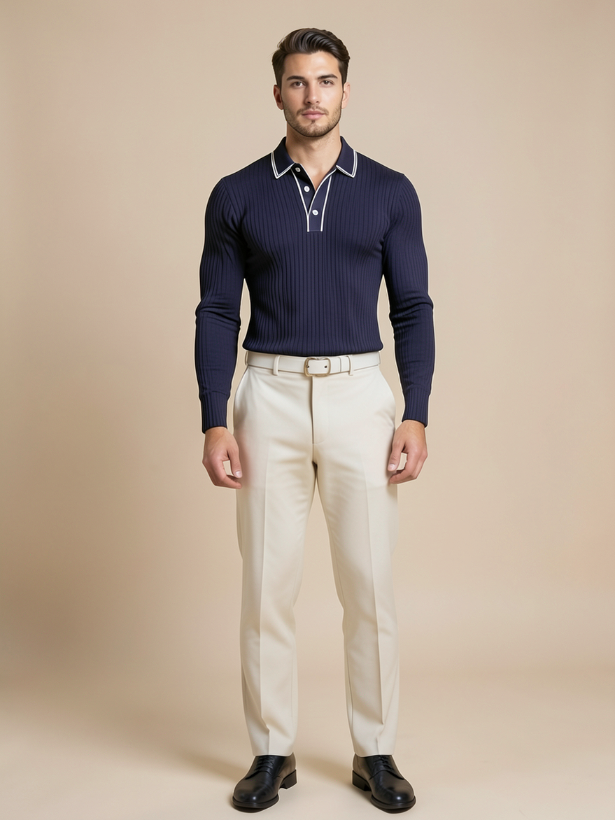 Polo jacquard manches longues — vue de face. Soniel Paris.