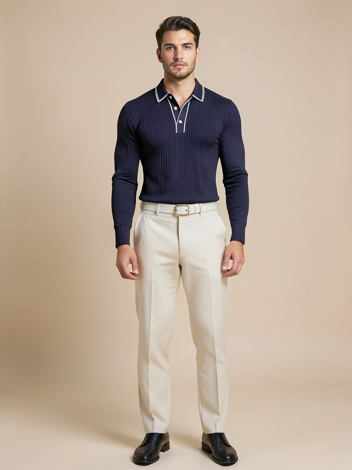 Polo jacquard manches longues — vue de face. Soniel Paris.