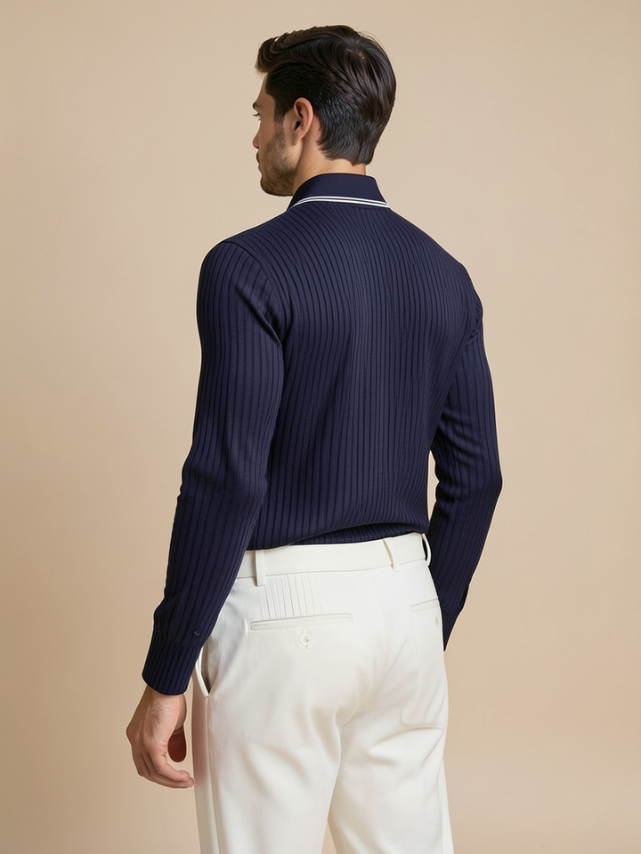 Polo jacquard manches longues — vue de dos. Soniel Paris.