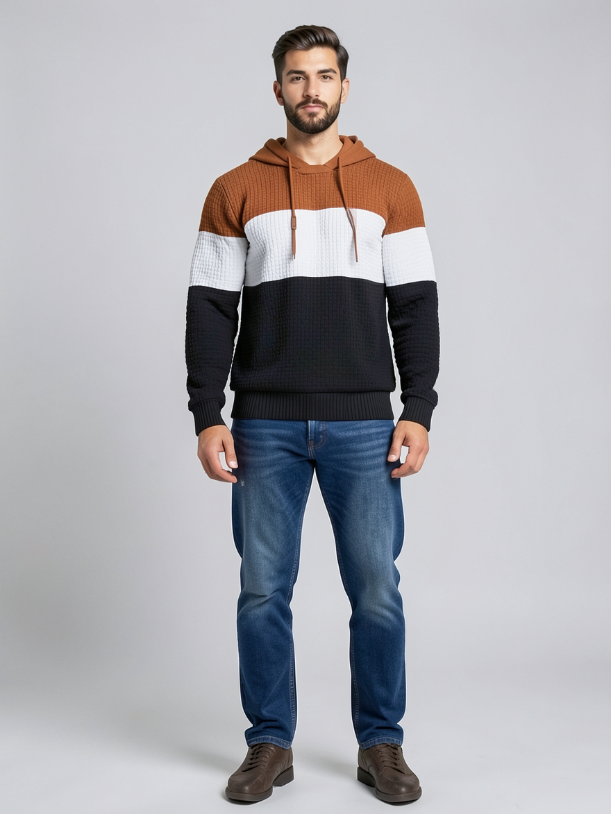 Sweat à capuche et bandes tricolores — vue de face. Soniel Paris.