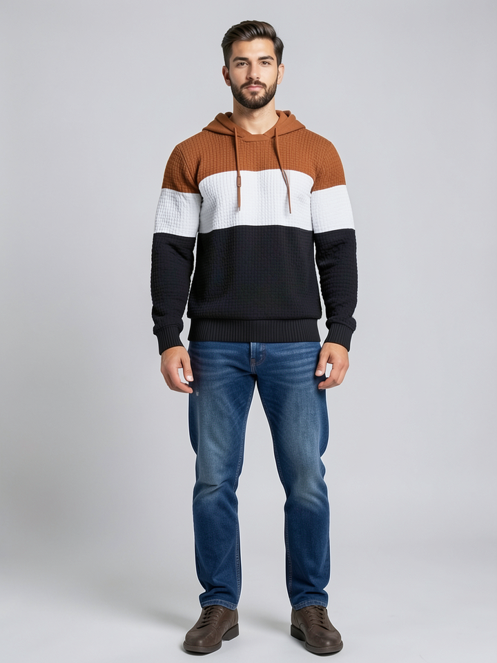 Sweat à capuche et bandes tricolores — vue de face. Soniel Paris.