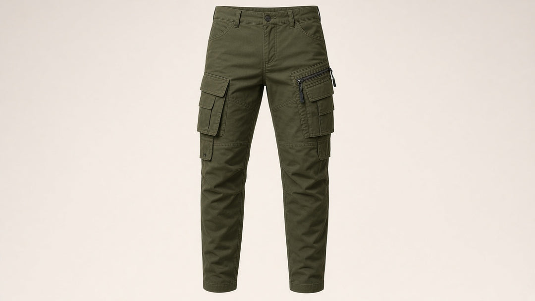 Pantalon cargo à poches à rabat — vue de face. Soniel Paris.