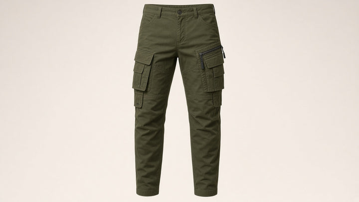 Pantalon cargo à poches à rabat — vue de face. Soniel Paris.