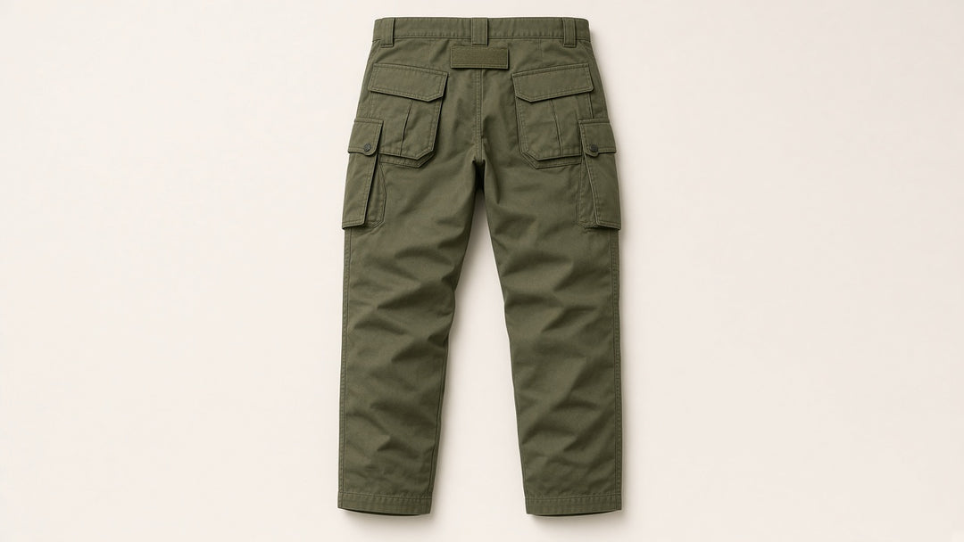 Pantalon cargo à poches à rabat — vue de dos. Soniel Paris.