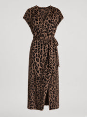 Robe midi léopard brune à col V — pièce isolée, vue de face