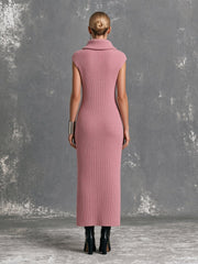 Robe maxi rose côtelée à col drapé — dos avec mannequin