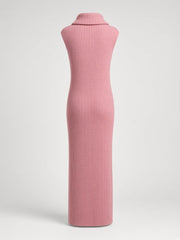 Robe maxi rose côtelée à col drapé — pièce isolée, vue de dos