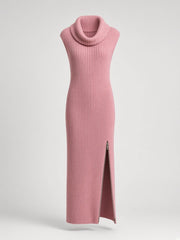 Robe maxi rose côtelée à col drapé — pièce isolée, vue de face