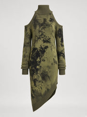 Robe midi kaki à motif camouflage et découpes — pièce isolée, vue de dos